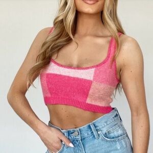 ACOA Size S Cropped Sweater Tank Pink Checkerboard Colorblock Trendy Y2K Preppy‎